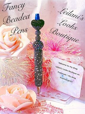 Fancy Black Beaded Heart Pen/gifts/purple beads/